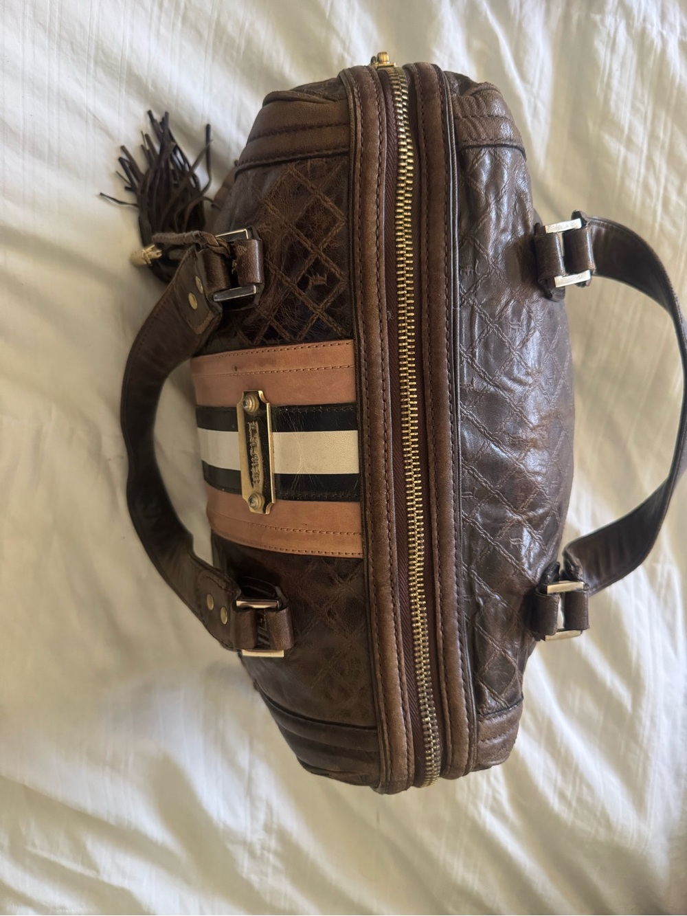 L.A.M.B. Dark Brown Leather Stripe Satchel with Contrast Center Panels. Rare.Y2K - Picture 3 of 11